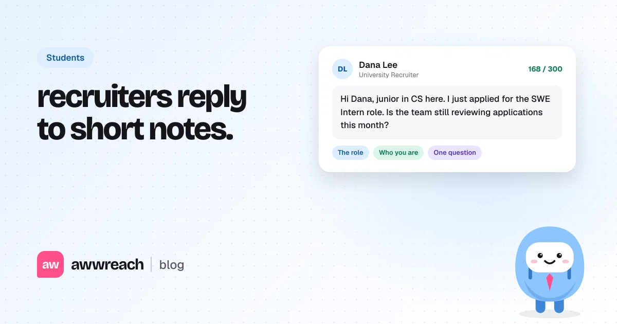 The blue job seeker buddy next to a short LinkedIn note to a university recruiter, 168 of 300 characters, tagged with the role, who you are and one question