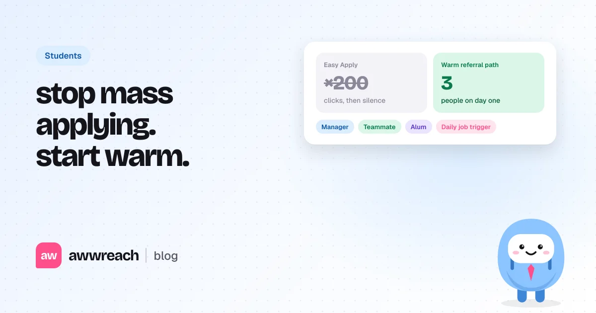 The blue job seeker buddy next to a card that crosses out 200 Easy Apply clicks and shows three people to reach on day one: a manager, a teammate and an alum